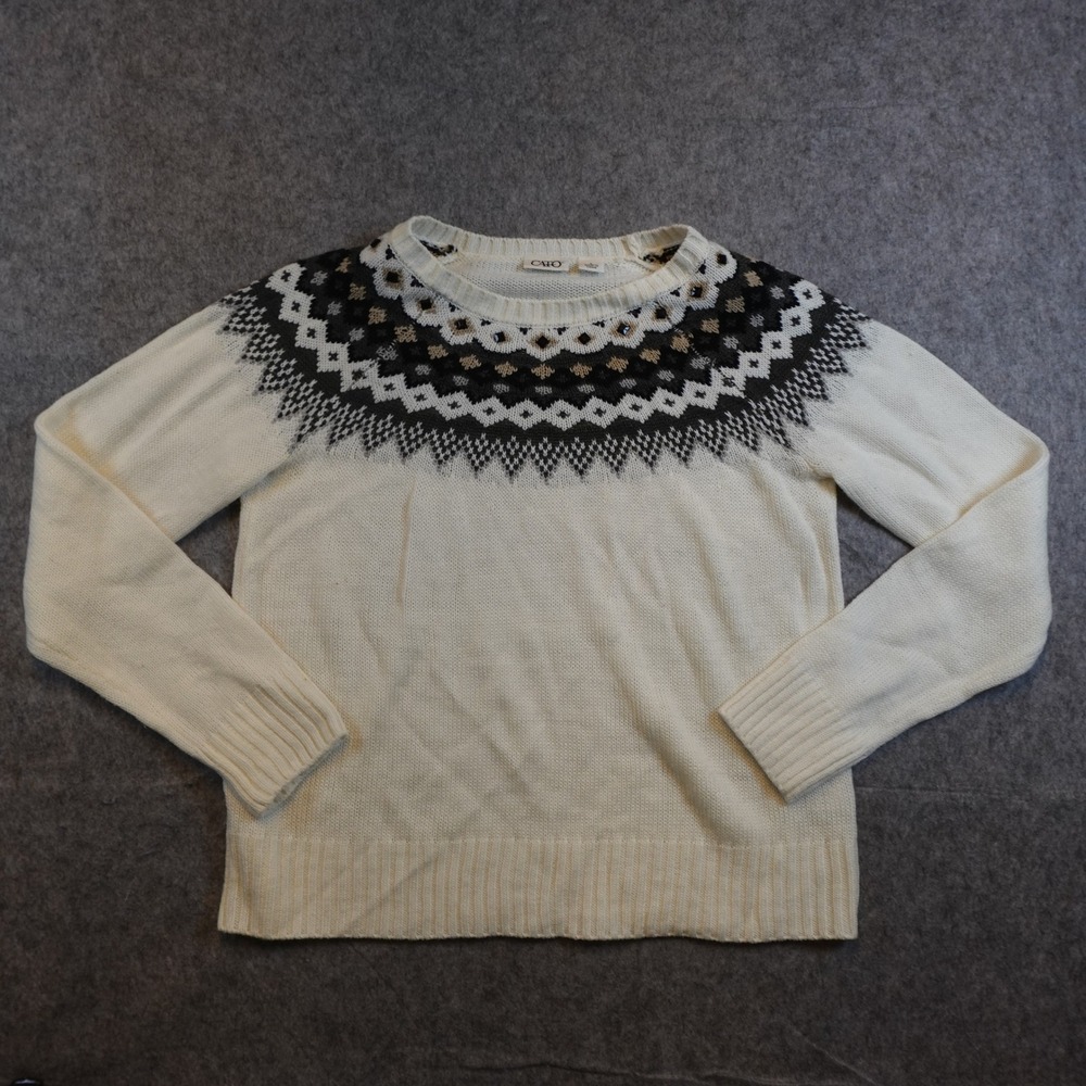 Cato‎ Sweater Women Large White Fair Isle Nordic Knit Long Sleeve Crew Neck Top